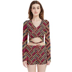 Geometric Knitting Velvet Wrap Crop Top And Shorts Set by goljakoff