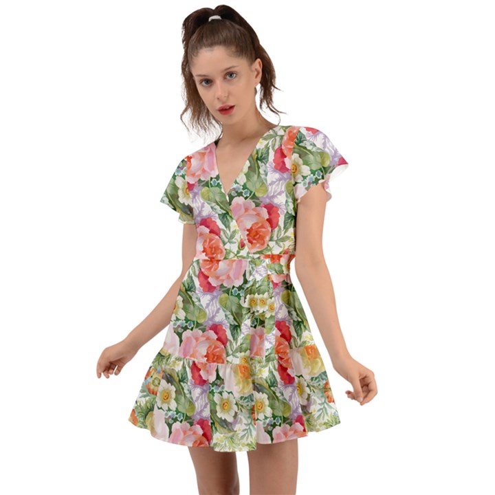 Vintage flowers Flutter Sleeve Wrap Dress