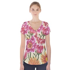 Retro Flowers Short Sleeve Front Detail Top by goljakoff