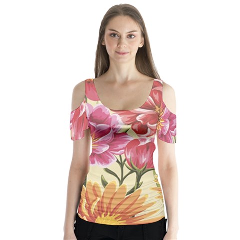 Retro Flowers Butterfly Sleeve Cutout Tee  by goljakoff