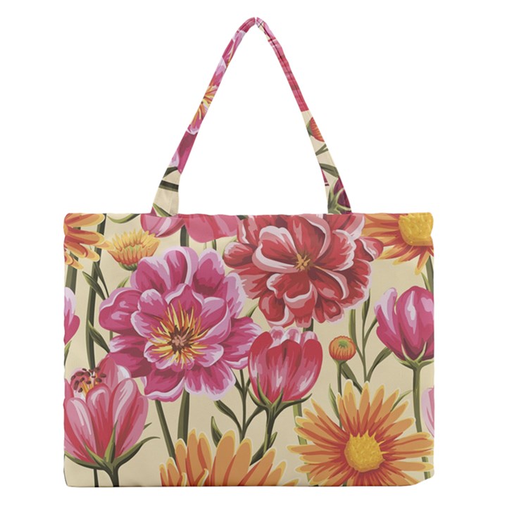 Retro flowers Zipper Medium Tote Bag