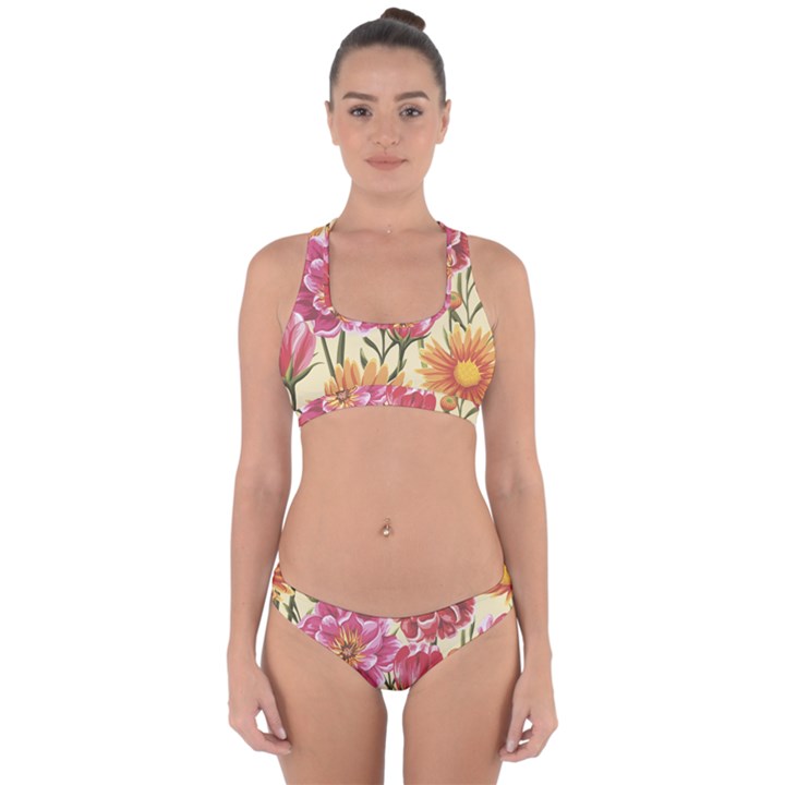 Retro flowers Cross Back Hipster Bikini Set