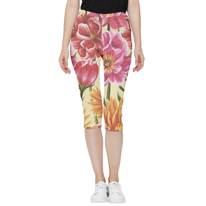 Retro flowers Inside Out Lightweight Velour Capri Leggings 