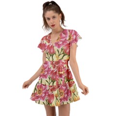 Retro Flowers Flutter Sleeve Wrap Dress by goljakoff