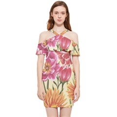 Retro Flowers Shoulder Frill Bodycon Summer Dress by goljakoff