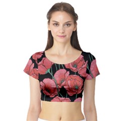 Red Flowers Short Sleeve Crop Top by goljakoff