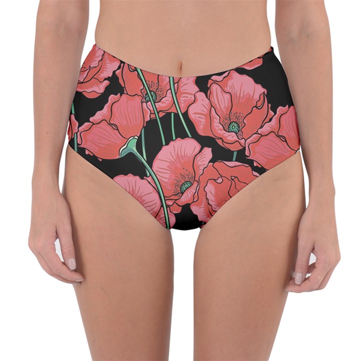 Red flowers Reversible High-Waist Bikini Bottoms