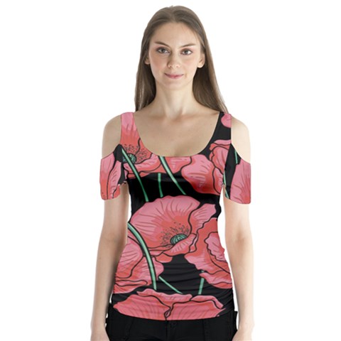 Red Flowers Butterfly Sleeve Cutout Tee  by goljakoff