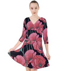 Red Flowers Quarter Sleeve Front Wrap Dress by goljakoff