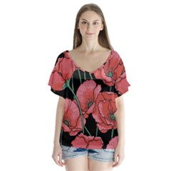 Red Flowers V-neck Flutter Sleeve Top by goljakoff