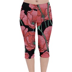 Red Flowers Velvet Capri Leggings  by goljakoff