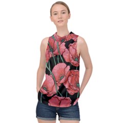 Red Flowers High Neck Satin Top by goljakoff