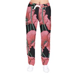 Red Flowers Women Velvet Drawstring Pants by goljakoff