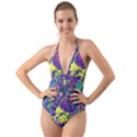 vibrant abstract floral/rainbow color Halter Cut-Out One Piece Swimsuit View1