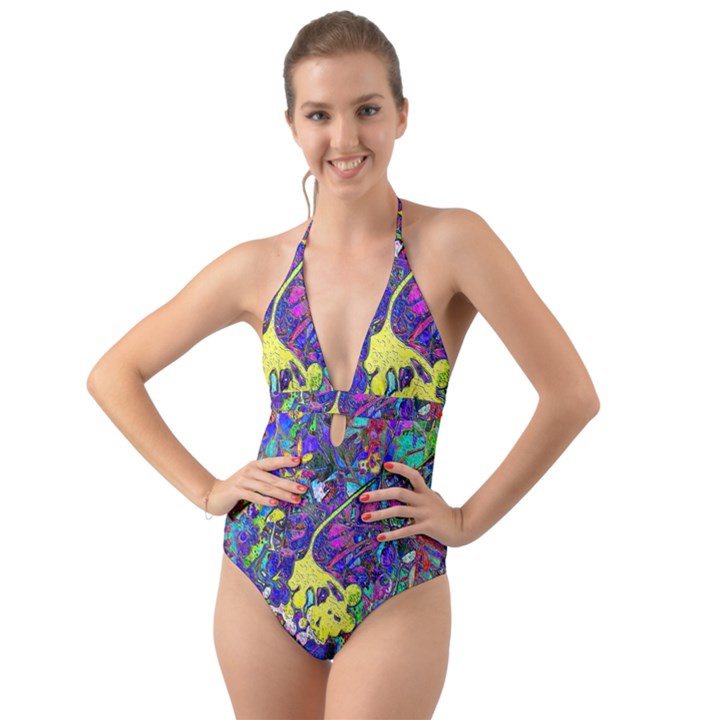 vibrant abstract floral/rainbow color Halter Cut-Out One Piece Swimsuit