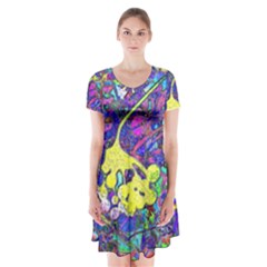 Vibrant Abstract Floral/rainbow Color Short Sleeve V-neck Flare Dress by dressshop