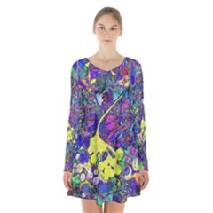 Vibrant Abstract Floral/rainbow Color Long Sleeve Velvet V-neck Dress by dressshop