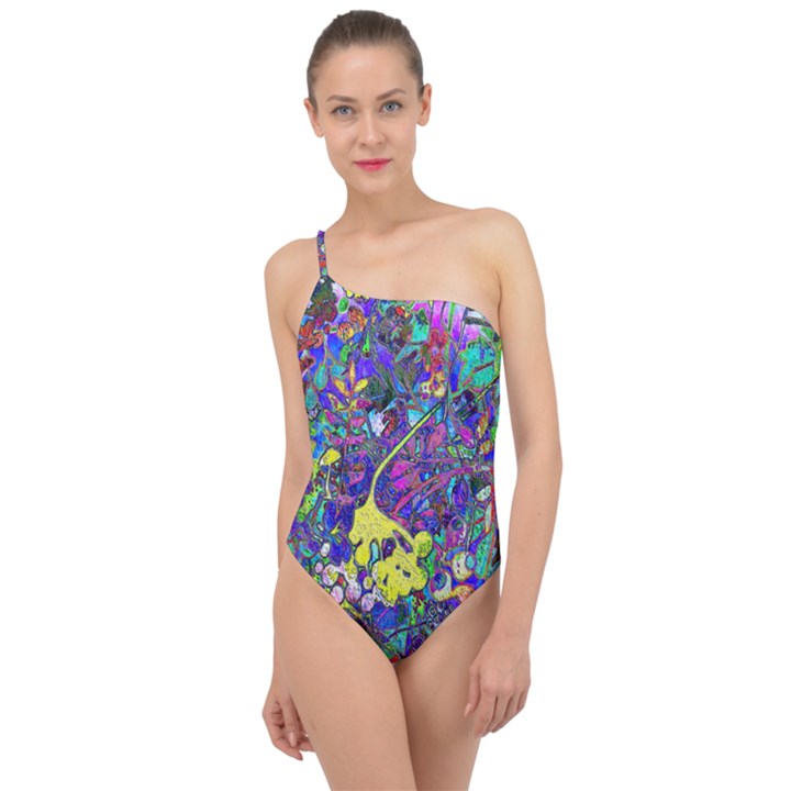 vibrant abstract floral/rainbow color Classic One Shoulder Swimsuit