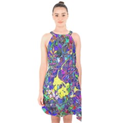 Vibrant Abstract Floral/rainbow Color Halter Collar Waist Tie Chiffon Dress by dressshop