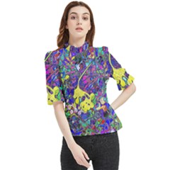 Vibrant Abstract Floral/rainbow Color Frill Neck Blouse