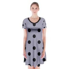 Large Black Polka Dots On Coin Grey - Short Sleeve V-neck Flare Dress by FashionLane