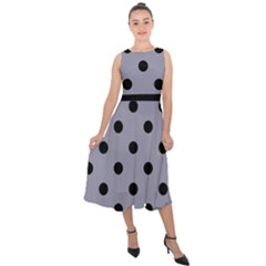 Large Black Polka Dots On Coin Grey - Midi Tie-back Chiffon Dress by FashionLane