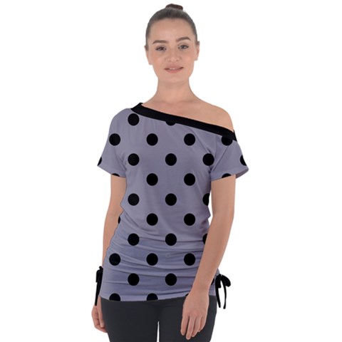 Large Black Polka Dots On Coin Grey - Off Shoulder Tie-up Tee by FashionLane