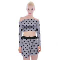 Large Black Polka Dots On Coin Grey - Off Shoulder Top With Mini Skirt Set by FashionLane