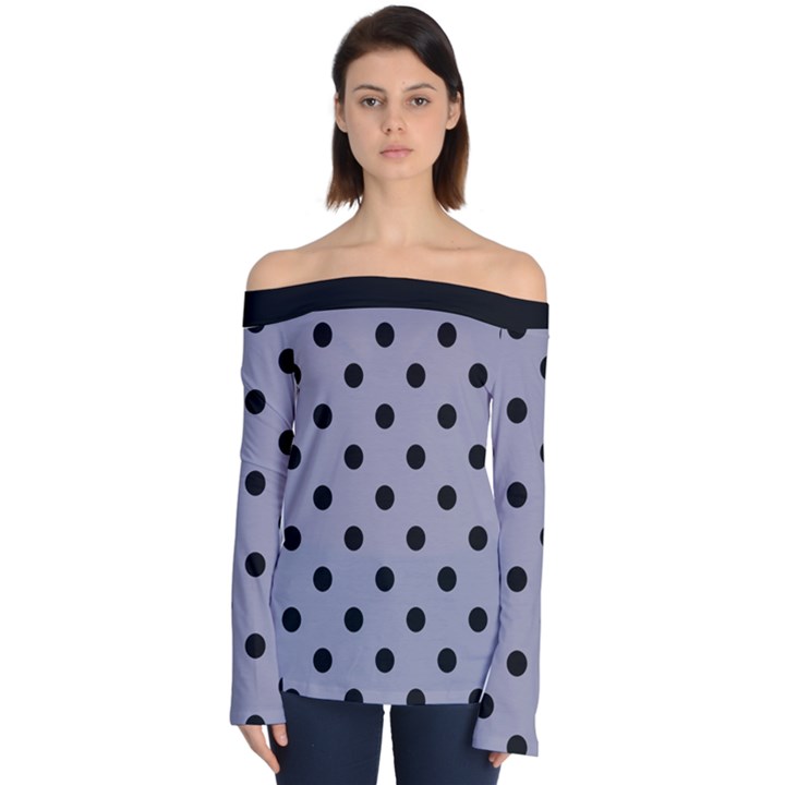 Large Black Polka Dots On Coin Grey - Off Shoulder Long Sleeve Top