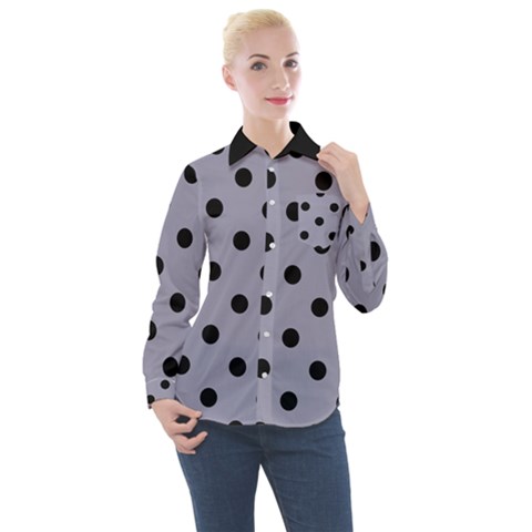 Large Black Polka Dots On Coin Grey - Women s Long Sleeve Pocket Shirt by FashionLane