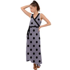 Large Black Polka Dots On Coin Grey - V-neck Chiffon Maxi Dress by FashionLane