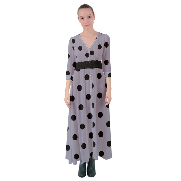 Large Black Polka Dots On Coin Grey - Button Up Maxi Dress