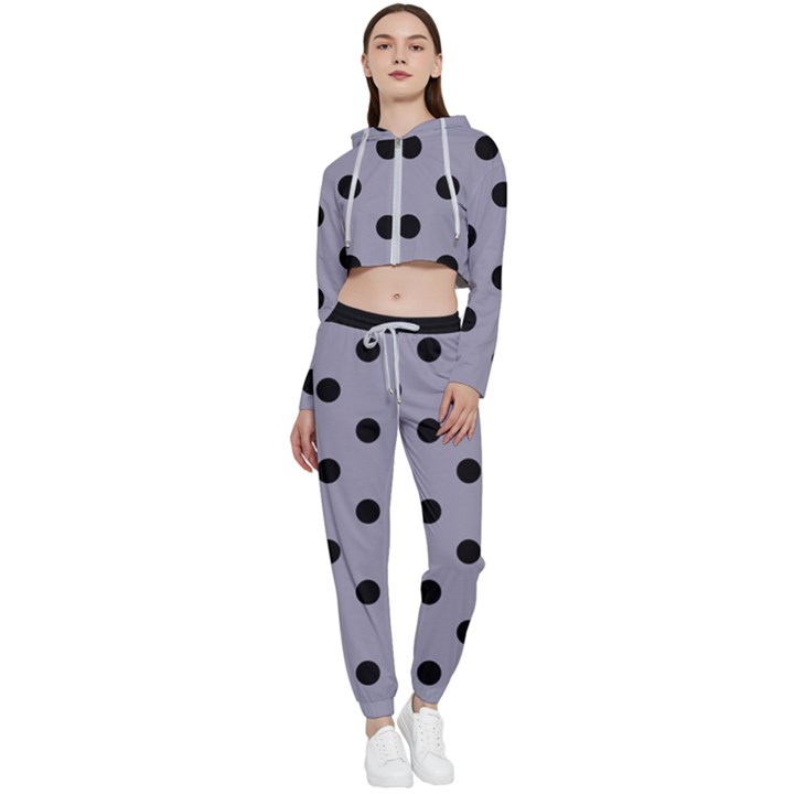 Large Black Polka Dots On Coin Grey - Cropped Zip Up Lounge Set