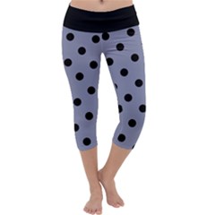 Large Black Polka Dots On Cool Grey - Capri Yoga Leggings by FashionLane