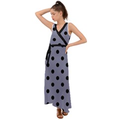 Large Black Polka Dots On Cool Grey - V-neck Chiffon Maxi Dress by FashionLane