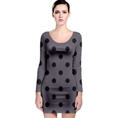 Large Black Polka Dots On Dark Smoke Grey - Long Sleeve Bodycon Dress by FashionLane