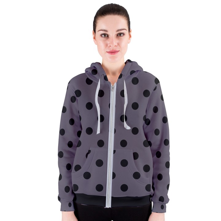 Large Black Polka Dots On Dark Smoke Grey - Women s Zipper Hoodie