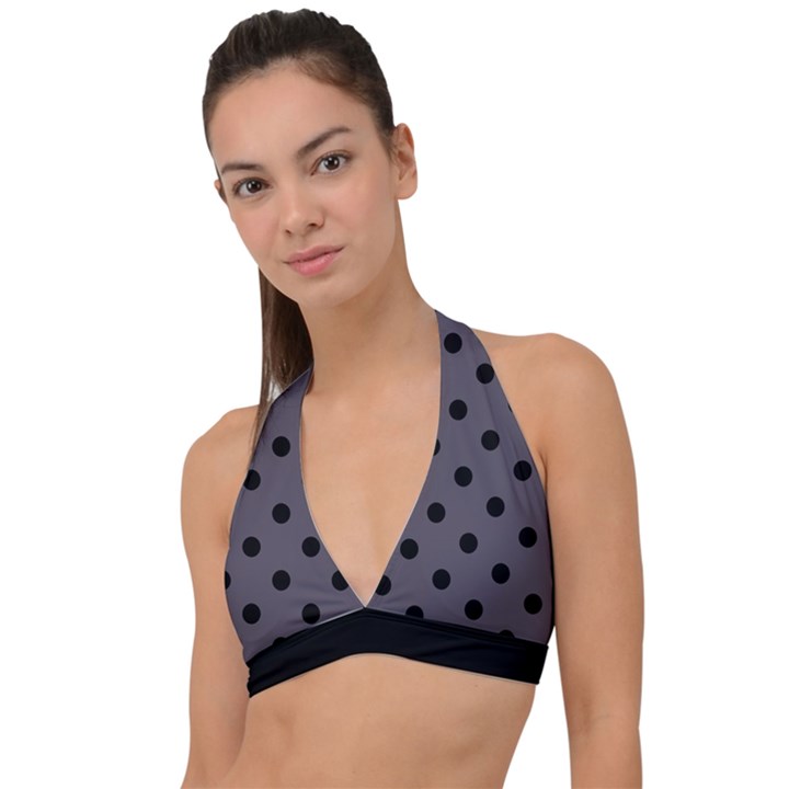 Large Black Polka Dots On Dark Smoke Grey - Halter Plunge Bikini Top