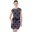 Large Black Polka Dots On Dark Smoke Grey - Drawstring Hooded Dress View1