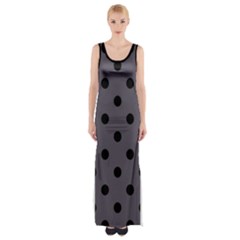 Large Black Polka Dots On Dark Smoke Grey - Thigh Split Maxi Dress by FashionLane