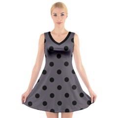 Large Black Polka Dots On Dark Smoke Grey - V-neck Sleeveless Dress by FashionLane