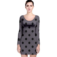 Large Black Polka Dots On Dark Smoke Grey - Long Sleeve Velvet Bodycon Dress by FashionLane