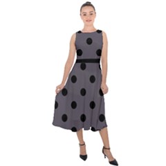 Large Black Polka Dots On Dark Smoke Grey - Midi Tie-back Chiffon Dress by FashionLane