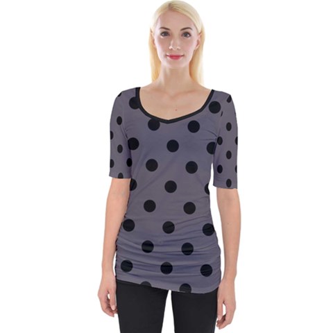 Large Black Polka Dots On Dark Smoke Grey - Wide Neckline Tee by FashionLane