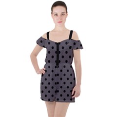 Large Black Polka Dots On Dark Smoke Grey - Ruffle Cut Out Chiffon Playsuit by FashionLane