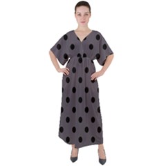 Large Black Polka Dots On Dark Smoke Grey - V-neck Boho Style Maxi Dress by FashionLane