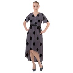 Large Black Polka Dots On Dark Smoke Grey - Front Wrap High Low Dress by FashionLane