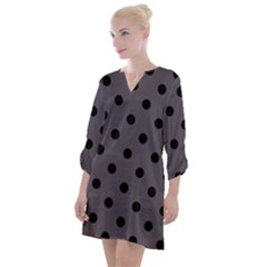 Large Black Polka Dots On Dark Smoke Grey - Open Neck Shift Dress