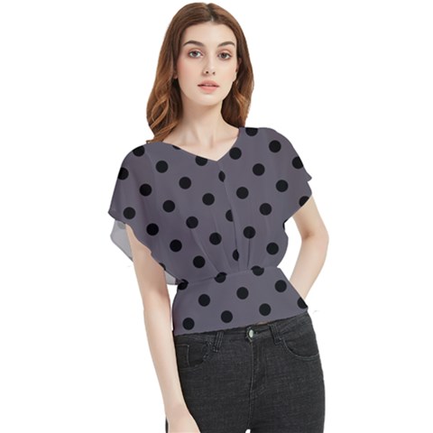 Large Black Polka Dots On Dark Smoke Grey - Butterfly Chiffon Blouse by FashionLane