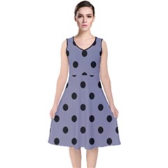 Large Black Polka Dots On Flint Grey - V-neck Midi Sleeveless Dress  by FashionLane